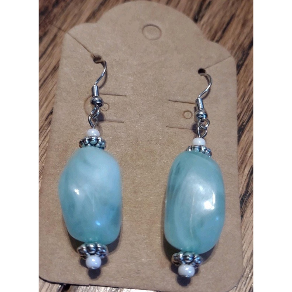 Handmade Artisan Drop Earrings - Seafoam Blue Marbled Stone Style - Boho Gift